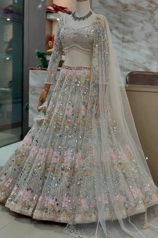 4M Flared Butterfly Net Real Mirror & Sequins Lehenga Choli | Rosepetals Luxe - Rosepetals Luxe
