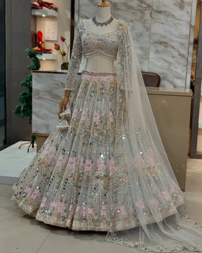 4M Flared Butterfly Net Real Mirror & Sequins Lehenga Choli | Rosepetals Luxe - Rosepetals Luxe