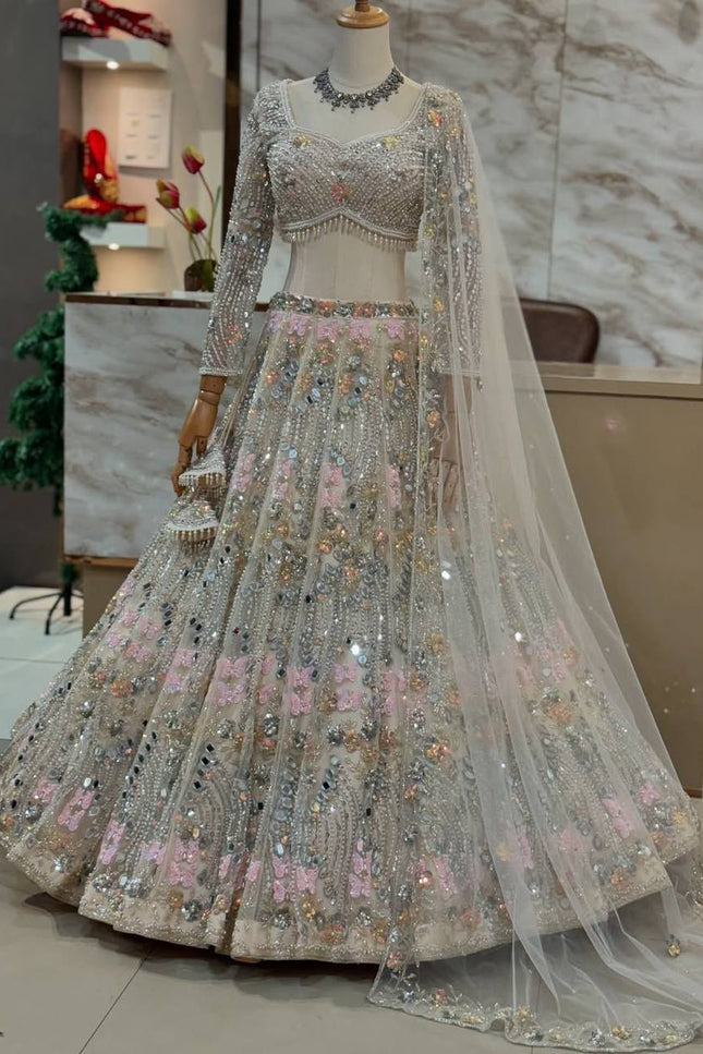 4M Flared Butterfly Net Real Mirror & Sequins Lehenga Choli | Rosepetals Luxe - Rosepetals Luxe