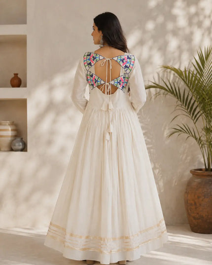 Kora Cotton Embroidered Flared Gown with Real Mirror, Gota Patti and Codi Lace Work