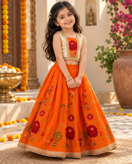 Girls Designer Viscose Dola Silk Embroidered Festive Lehenga Choli with Shimmer Tissue Blouse