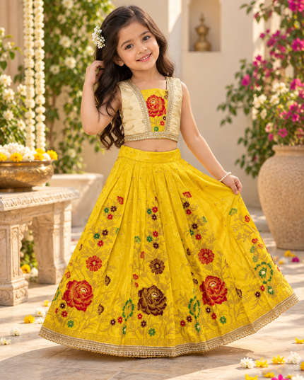 Girls Designer Viscose Dola Silk Embroidered Festive Lehenga Choli with Shimmer Tissue Blouse