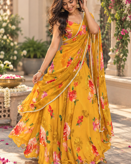 Georgette Digital Print Lehenga Saree with Stitched Blouse and Attached Pallu