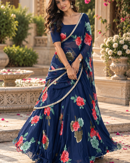 Georgette Digital Print Lehenga Saree with Stitched Blouse and Attached Pallu