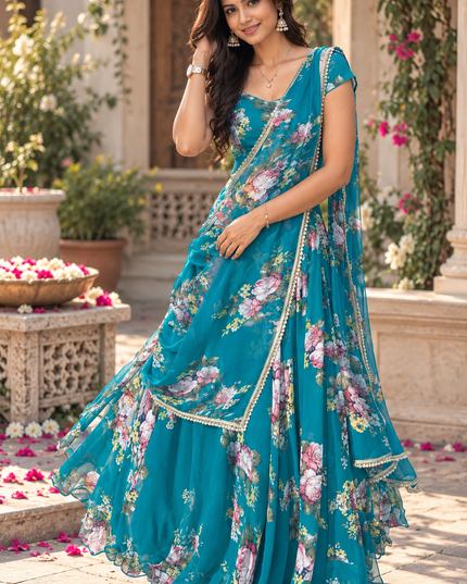 Georgette Digital Print Lehenga Saree with Stitched Blouse and Attached Pallu