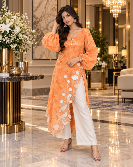 Organza Digital Print Mirror Work Long Shrug with Inner Top and Rayon Pants