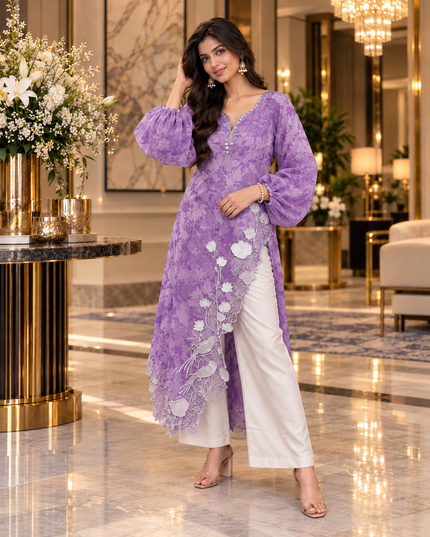 Organza Digital Print Mirror Work Long Shrug with Inner Top and Rayon Pants