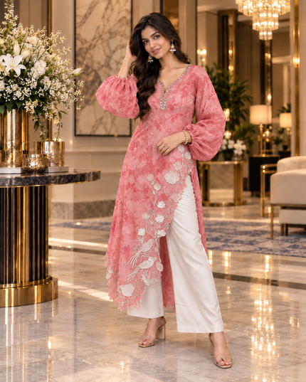 Organza Digital Print Mirror Work Long Shrug with Inner Top and Rayon Pants