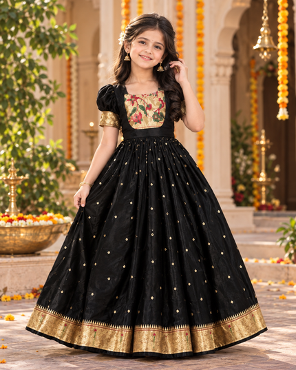 Kids Traditional Paithani Gown with Zari Weaving Work and Heavy Crepe Lining