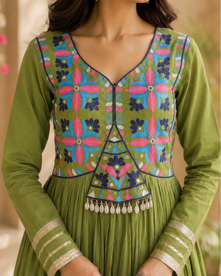 Kora Cotton Embroidered Flared Gown with Real Mirror, Gota Patti and Codi Lace Work