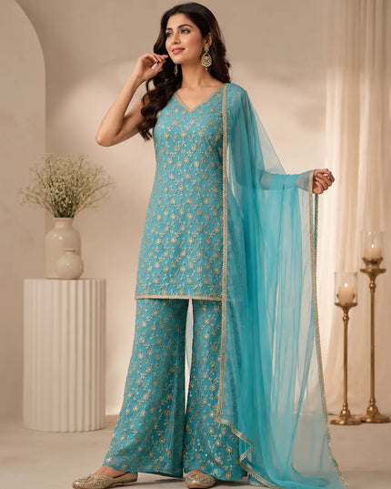 Designer Heavy Star Georgette 3 Piece Suit Set with Sequin Embroidery and Lace Dupatta