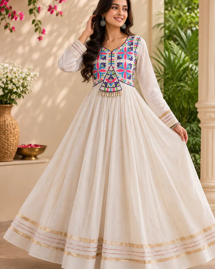Kora Cotton Embroidered Flared Gown with Real Mirror, Gota Patti and Codi Lace Work