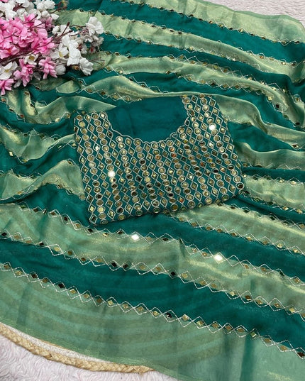 9 Patta Space Silk Saree with Aari Embroidery & Mirror Work - Rosepetals Luxe