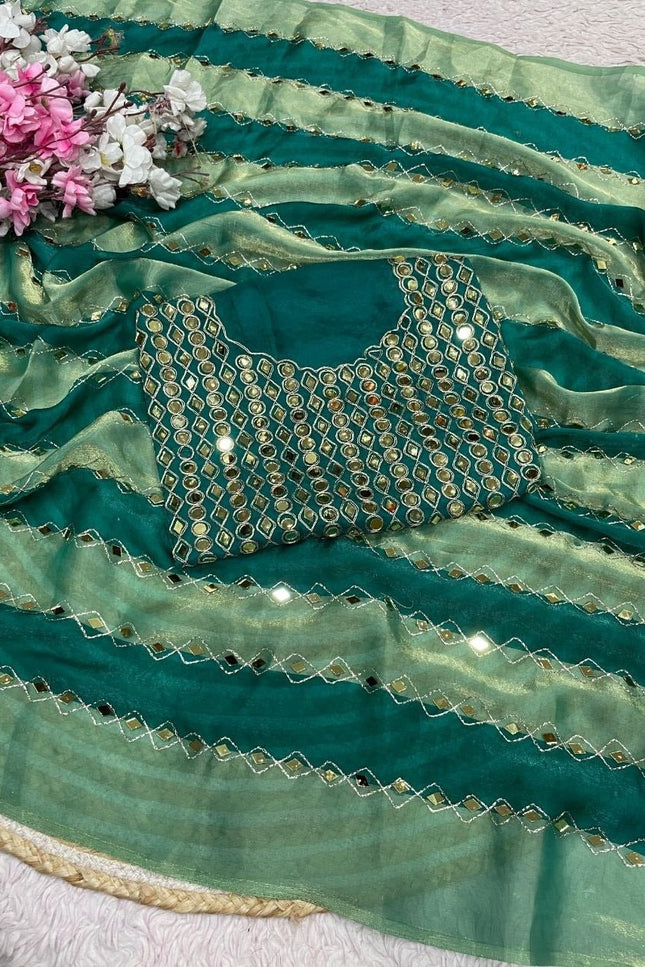 9 Patta Space Silk Saree with Aari Embroidery & Mirror Work - Rosepetals Luxe