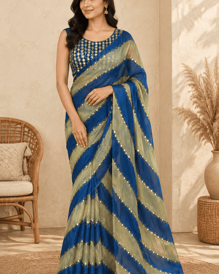9 Patta Space Silk Saree with Aari Embroidery & Mirror Work - Rosepetals Luxe
