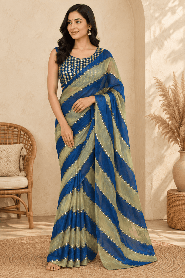 9 Patta Space Silk Saree with Aari Embroidery & Mirror Work - Rosepetals Luxe