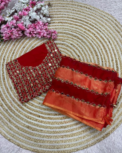 9 Patta Space Silk Saree with Aari Embroidery & Mirror Work - Rosepetals Luxe