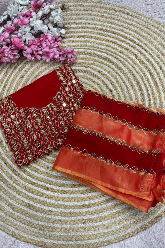 9 Patta Space Silk Saree with Aari Embroidery & Mirror Work - Rosepetals Luxe