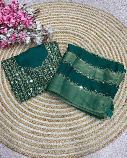 9 Patta Space Silk Saree with Aari Embroidery & Mirror Work - Rosepetals Luxe