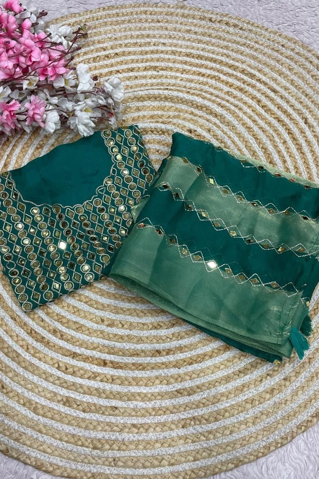 9 Patta Space Silk Saree with Aari Embroidery & Mirror Work - Rosepetals Luxe
