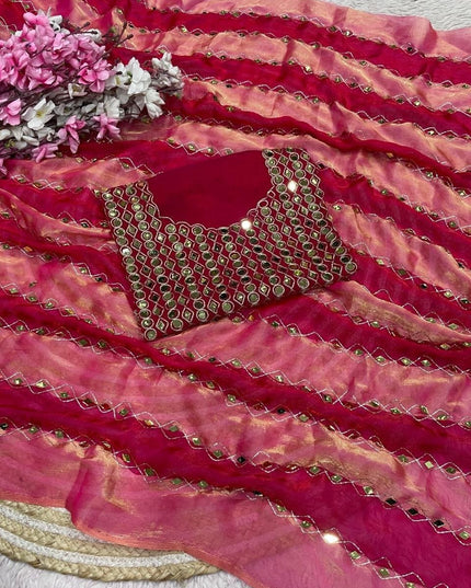 9 Patta Space Silk Saree with Aari Embroidery & Mirror Work - Rosepetals Luxe