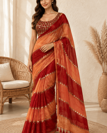 9 Patta Space Silk Saree with Aari Embroidery & Mirror Work - Rosepetals Luxe