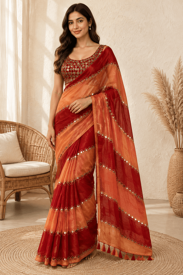 9 Patta Space Silk Saree with Aari Embroidery & Mirror Work - Rosepetals Luxe