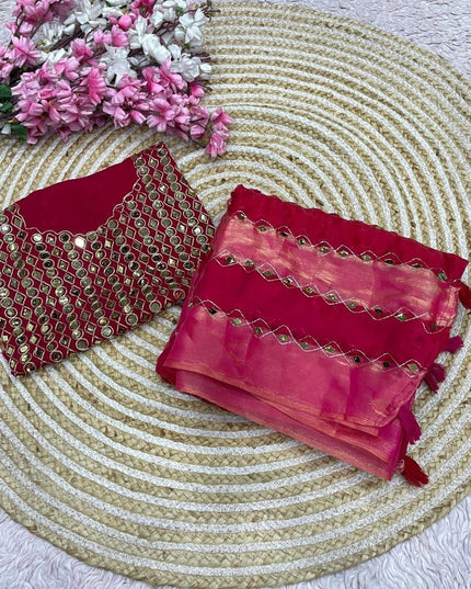 9 Patta Space Silk Saree with Aari Embroidery & Mirror Work - Rosepetals Luxe