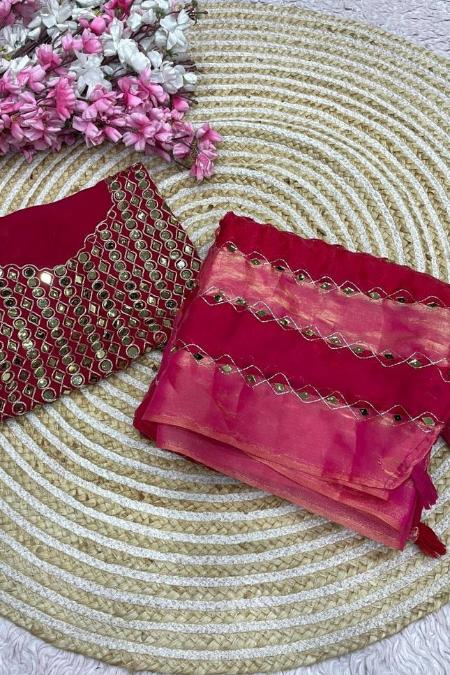 9 Patta Space Silk Saree with Aari Embroidery & Mirror Work - Rosepetals Luxe