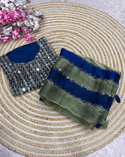9 Patta Space Silk Saree with Aari Embroidery & Mirror Work - Rosepetals Luxe