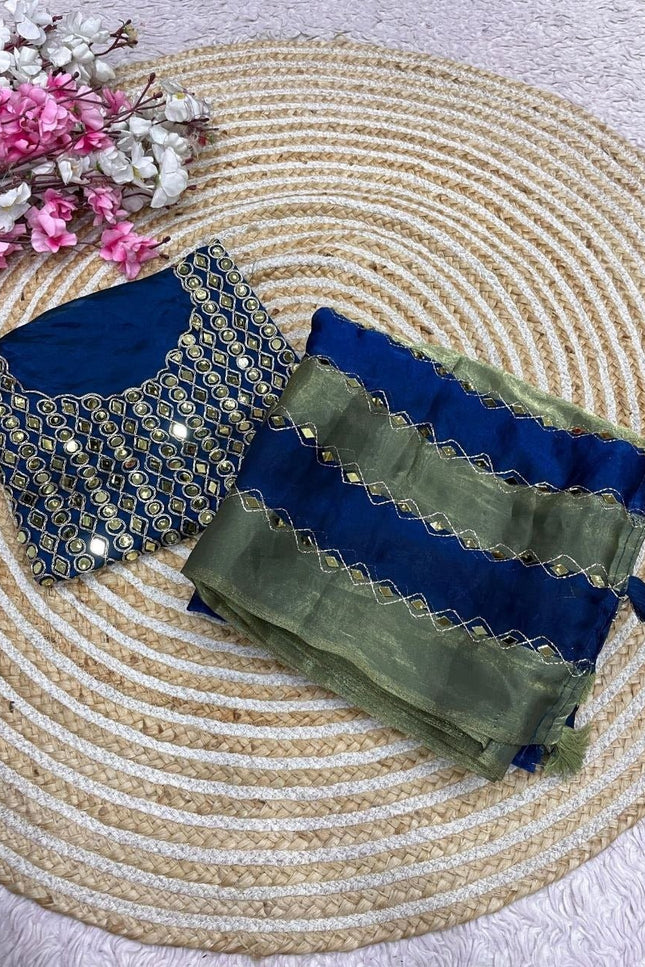 9 Patta Space Silk Saree with Aari Embroidery & Mirror Work - Rosepetals Luxe