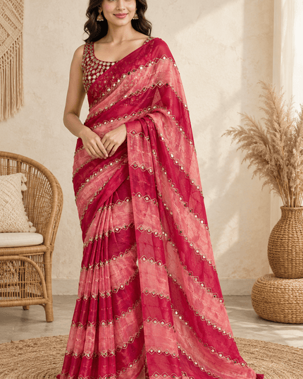 9 Patta Space Silk Saree with Aari Embroidery & Mirror Work - Rosepetals Luxe