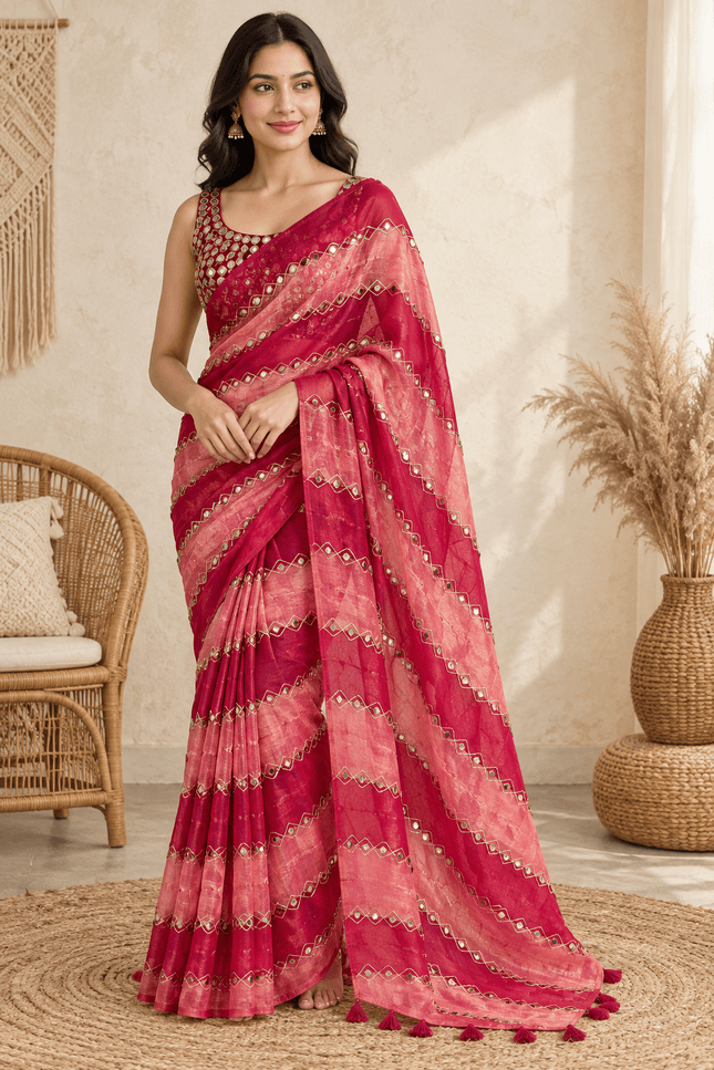 9 Patta Space Silk Saree with Aari Embroidery & Mirror Work - Rosepetals Luxe
