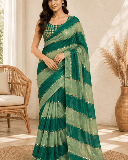 9 Patta Space Silk Saree with Aari Embroidery & Mirror Work - Rosepetals Luxe