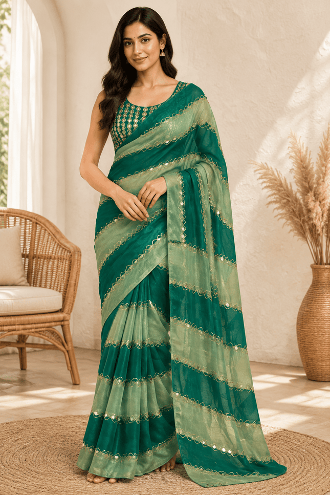9 Patta Space Silk Saree with Aari Embroidery & Mirror Work - Rosepetals Luxe
