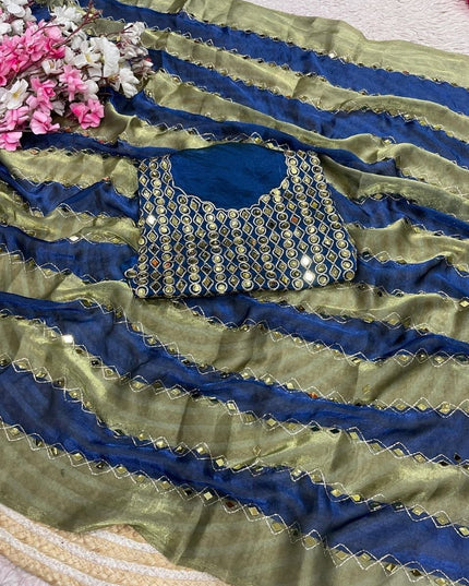 9 Patta Space Silk Saree with Aari Embroidery & Mirror Work - Rosepetals Luxe