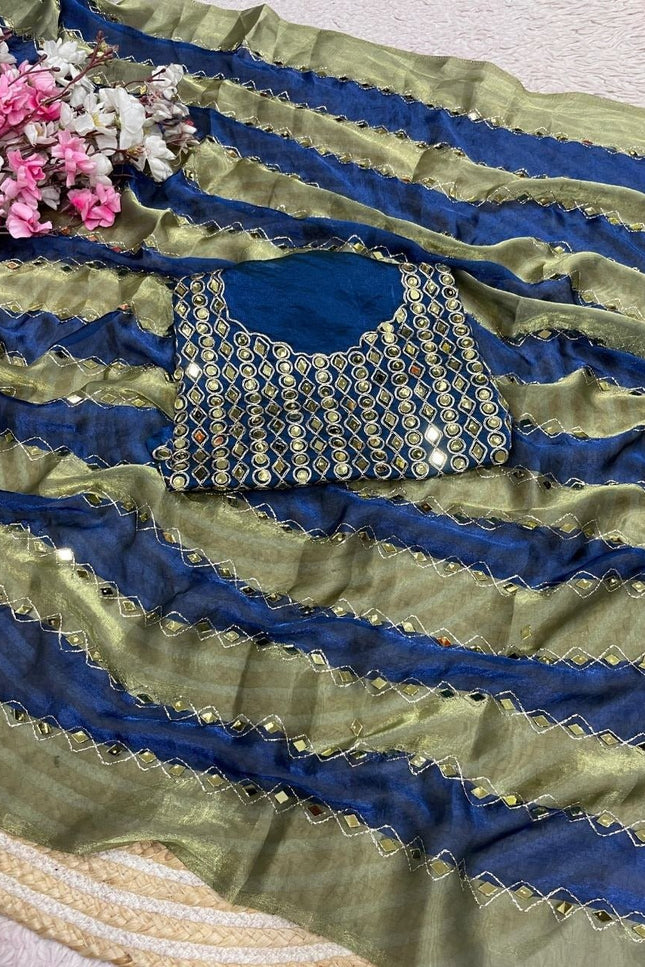 9 Patta Space Silk Saree with Aari Embroidery & Mirror Work - Rosepetals Luxe