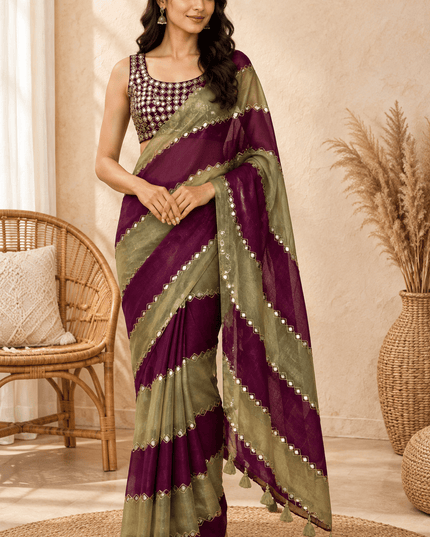 9 Patta Space Silk Saree with Aari Embroidery & Mirror Work - Rosepetals Luxe