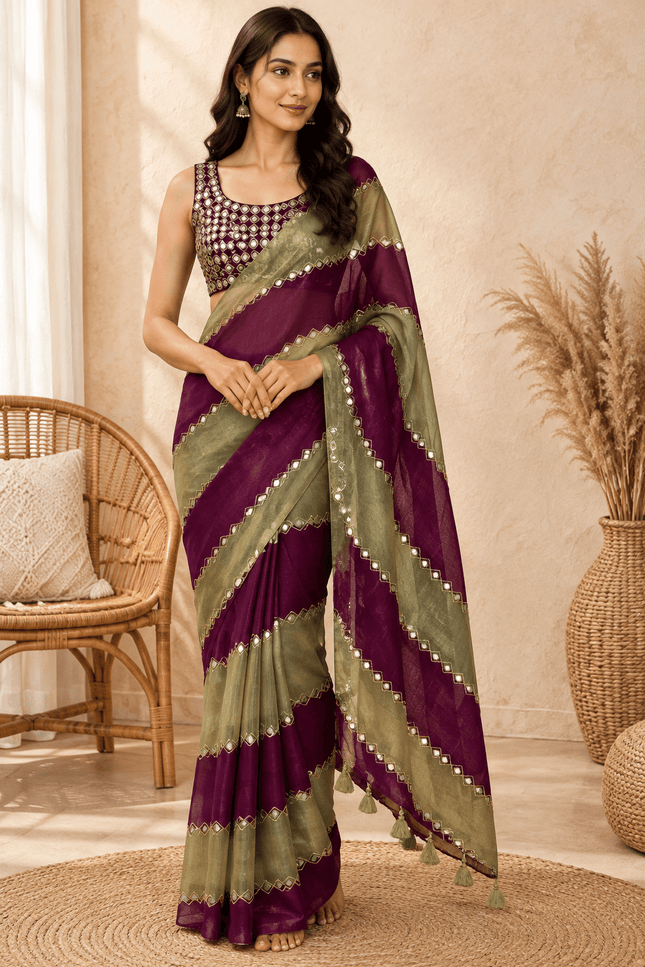 9 Patta Space Silk Saree with Aari Embroidery & Mirror Work - Rosepetals Luxe