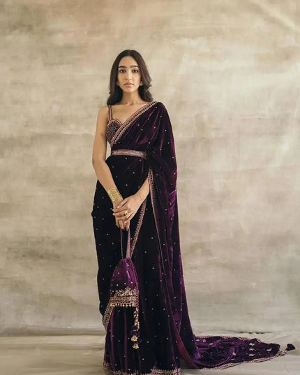 9000 Velvet Saree | Heavy Sequins & Dori Work | Deep Purple | With Unstitched Blouse & Belt - Rosepetals Luxe