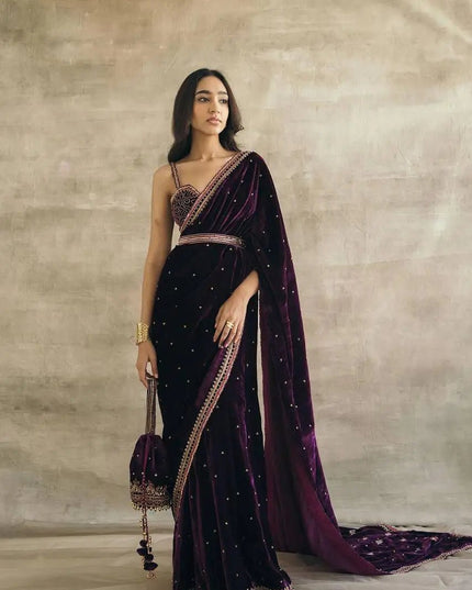 9000 Velvet Saree | Heavy Sequins & Dori Work | Deep Purple | With Unstitched Blouse & Belt - Rosepetals Luxe