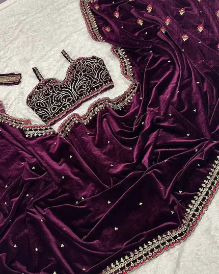 9000 Velvet Saree | Heavy Sequins & Dori Work | Deep Purple | With Unstitched Blouse & Belt - Rosepetals Luxe