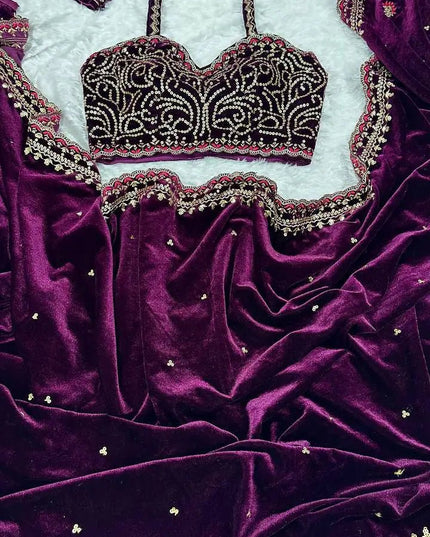 9000 Velvet Saree | Heavy Sequins & Dori Work | Deep Purple | With Unstitched Blouse & Belt - Rosepetals Luxe
