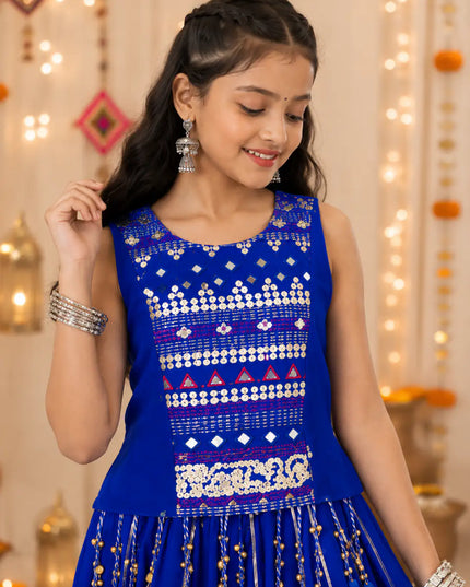 Navratri Girls Pure Cotton Mirror Work Lehenga Choli Set with Ribbon and Lampi Border