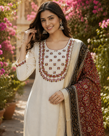 Premium Khadi Cotton Embroidered Kurti Pant Set with Bhagalpuri Khadi Printed Dupatta