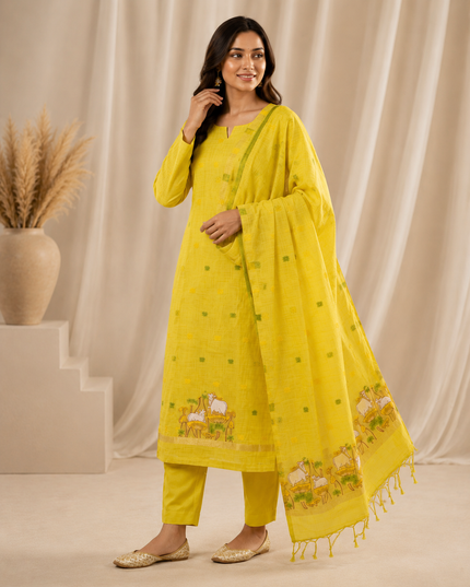 Premium Muga Cotton Jamdani Pichwai Weaving 3 Piece Unstitched Salwar Suit Dress Material with Woven Dupatta