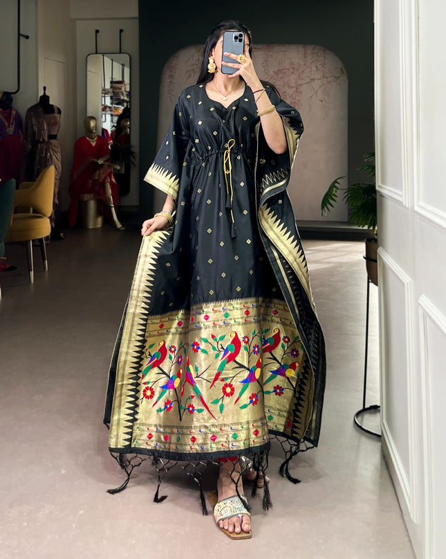 Ready-to-Wear Jacquard Paithani Kaftan with Elegant Zari Weaving | Perfect Ethnic Wear - Rosepetals Luxe