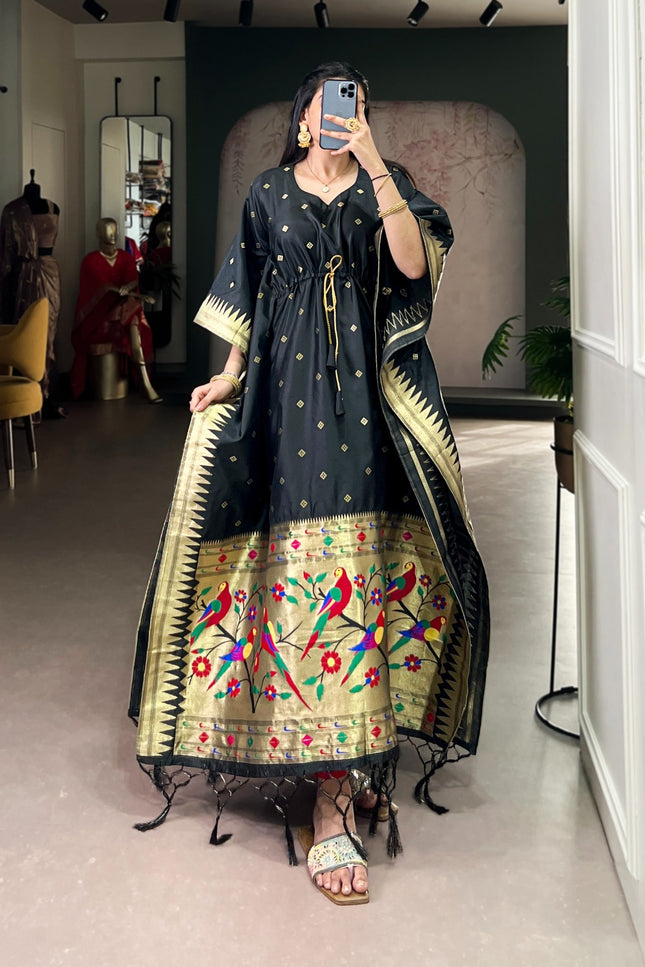 Ready-to-Wear Jacquard Paithani Kaftan with Elegant Zari Weaving | Perfect Ethnic Wear - Rosepetals Luxe