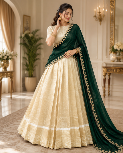 Jacquard Chex Zari Lehenga Choli Set | Embroidered Dupatta | Onam & Festive Wear | Orange, Green & Pink