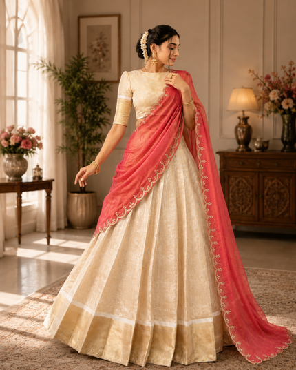Jacquard Chex Zari Lehenga Choli Set | Embroidered Dupatta | Onam & Festive Wear | Orange, Green & Pink